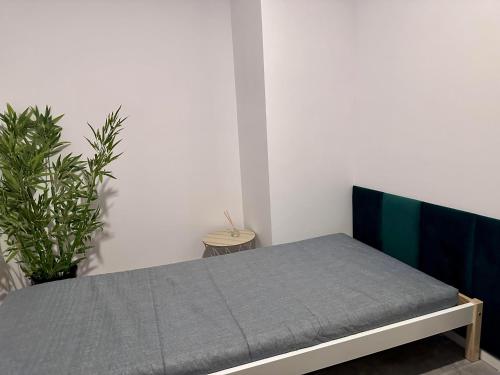 One World Hostel Gdansk في غدانسك: غرفة نوم مع سرير وبطانية رمادية
