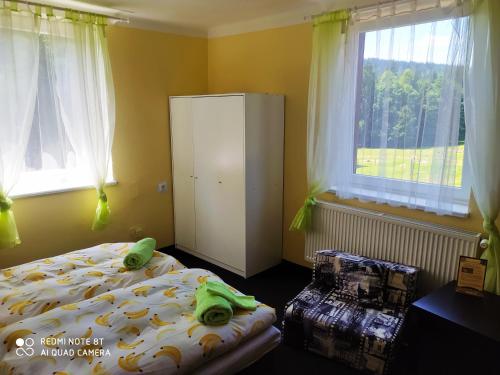 a bedroom with a bed and a large window at WELLNESS Penzion Triola in Kořenov
