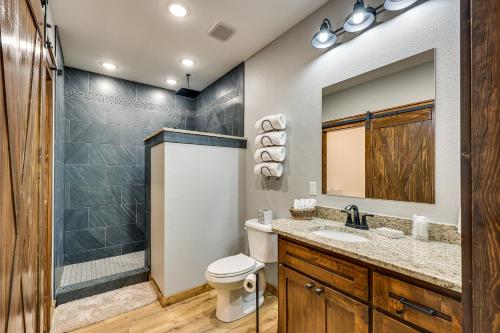 a bathroom with a toilet and a sink and a shower at Big Cedar Vacation Rental with Deck and Hot Tub! in Hodgen