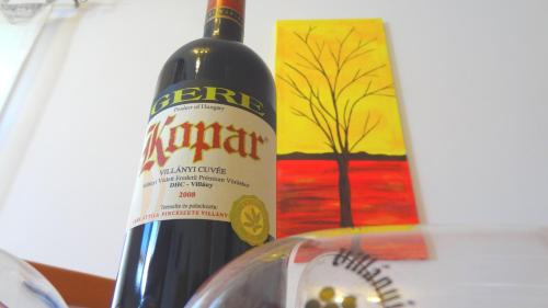 a bottle of wine sitting next to a glass at Gere MODERN Apartment in Harkány
