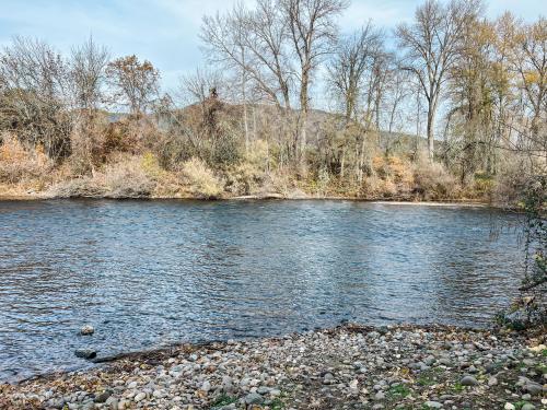 a river with a rocky shore with trees in the background at Waterfront River Apartments in Rogue River