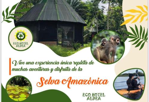 a flyer for a zoo with a monkey and a man at Eco Hotel Aldea -AMAZONAS in Puerto Nariño