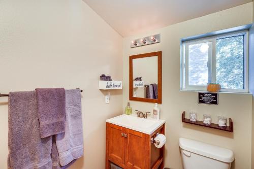 y baño con lavabo y espejo. en Pet-Friendly Forest Falls Vacation Rental!, en Forest Falls