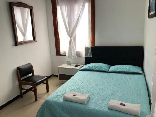 1 dormitorio con 1 cama, 1 silla y 1 ventana en Hotel Clasico, en Manizales