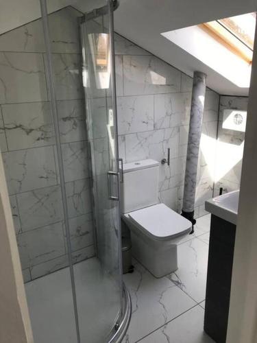 a bathroom with a toilet and a glass shower at 30A Mortlake in London