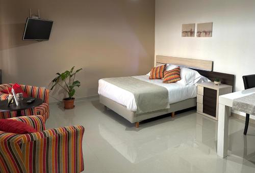 a bedroom with a bed and a tv and a chair at Apartamento de las Araucarias in Esquel