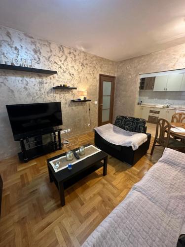 uma sala de estar com 2 camas e uma televisão de ecrã plano em Big apartment 2 em Podgorica