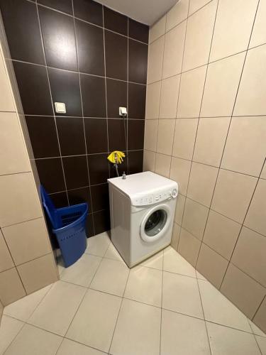 een badkamer met een wasmachine en een emmer bij Big apartment 2 in Podgorica