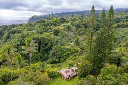 an aerial view of a house in the middle of a forest at Jasmine Suite on Lush farm in Haiku, Maui jungle in Huelo
