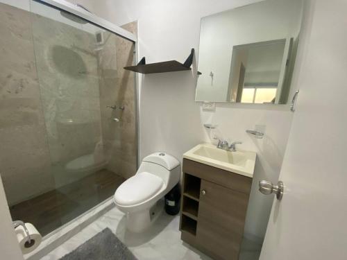 a bathroom with a shower and a toilet and a sink at Lovely 2 bedroom oceanfront condo in Mazatlan in Mazatlán
