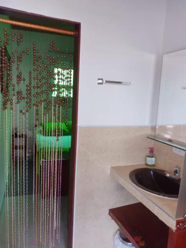 a bathroom with a sink and a green wall with beads at Finca La Tobita Eco Hotel in Toca