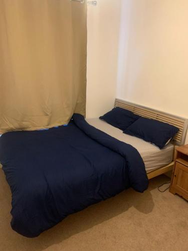 Duas camas com almofadas azuis num quarto em 2SWEETZ HOME 2 em Erith