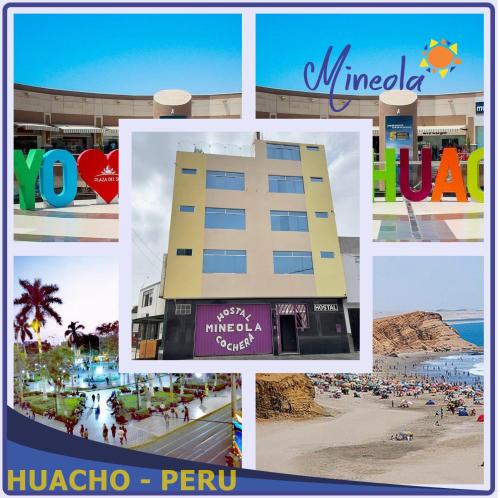 een collage van foto's van een hotel en een strand bij Hostal Mineola Huacho in Santa María