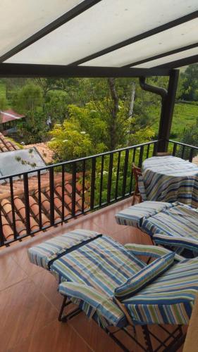 a deck with lounge chairs and a balcony with a view at Finca La Tobita Eco Hotel in Toca