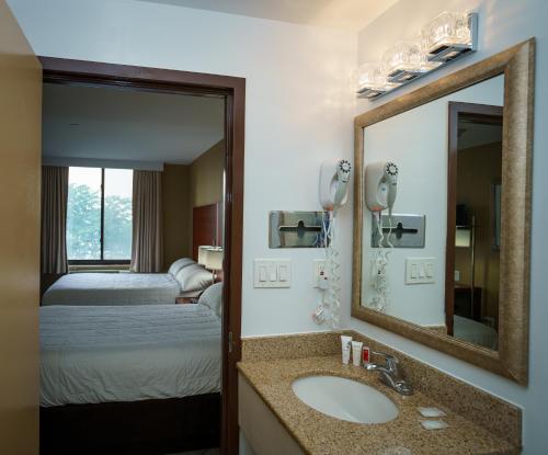 een badkamer met een wastafel, een spiegel en een bed bij Sky Hotel Flushing/Laguardia Airport in Queens