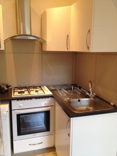 a small kitchen with a stove and a sink at Caledonian Apartments in Edinburgh