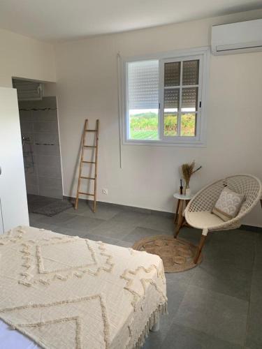 ein Schlafzimmer mit einem Bett, einem Stuhl und einem Fenster in der Unterkunft Villa rubis in Saint-François