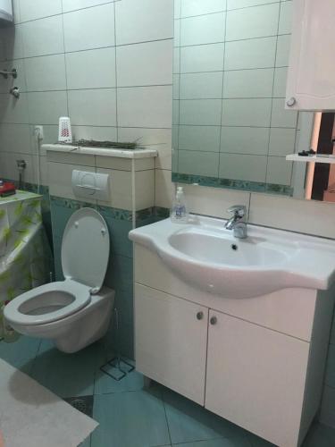 a bathroom with a sink and a toilet and a mirror at Beachside 2-Bed Bliss! in Blace