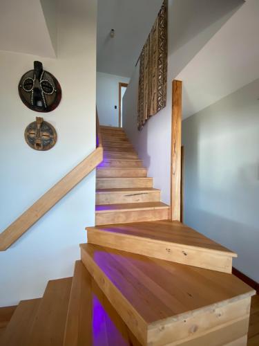 a staircase in a house with wooden steps at Wild Weka Eco Stay - Off-Grid 4WD RECOMMENDED in Waimarie