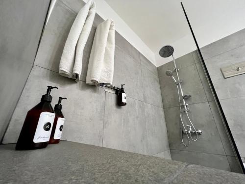 a bathroom with a shower with two bottles on a counter at Selbard Suite in Buenos Aires