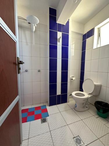 a bathroom with a toilet and blue and white tiles at Be at home in Oruro