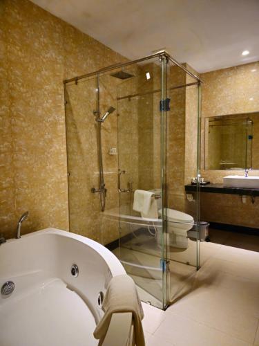 a bathroom with a tub and a toilet and a shower at Grand Sydney Hotel in Batam Center