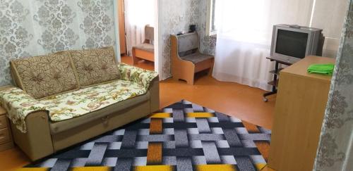 ein Wohnzimmer mit einem Sofa und einem TV in der Unterkunft Аренда квартир Балхаш in Balqasch