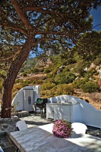 a table and chairs under a tree next to a building at Villa Stamatina in Kyra Panagia