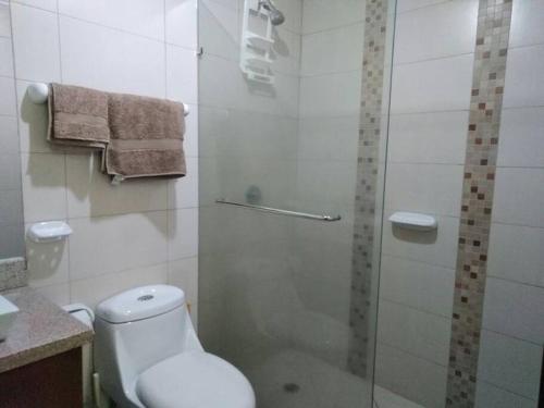 a bathroom with a shower with a toilet and a sink at LINDA SUITE Puerto Santa Ana GUAYAQUIL in Guayaquil