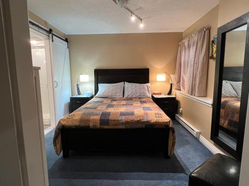 Royston的住宿－Little Bear Garden View Suites-Hummingbird，一间卧室配有一张床、两盏灯和一个窗户。