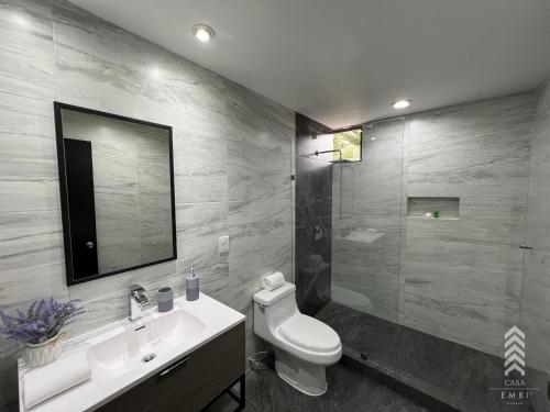 een badkamer met een toilet, een wastafel en een spiegel bij Casa Embi Oaxaca in Oaxaca City
