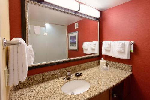 a bathroom with a sink and a large mirror at Courtyard by Marriott Canton in North Canton