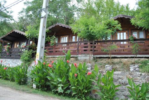 a wooden house with flowers in front of it at Bungalow- casute in Orşova