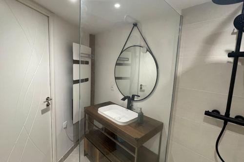 a bathroom with a sink and a mirror at Maison bretonne - cottage in Lézardrieux