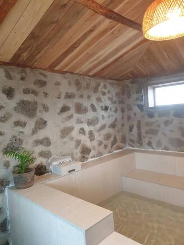 a room with a stone wall with a potted plant at Jeju Sorakddele entire house in Jeju