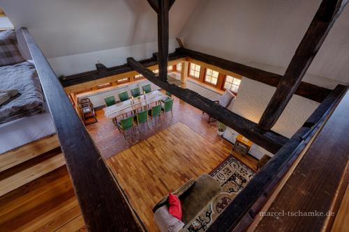 an overhead view of a living room and dining room at Wohnen auf der Ritterburg in Haßmersheim