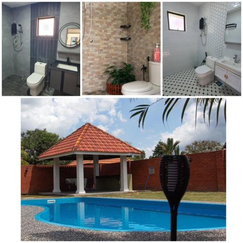 a collage of pictures of a bathroom and a gazebo next to at Poolhomestay Raudhah Intan in Kampong Alor Gajah