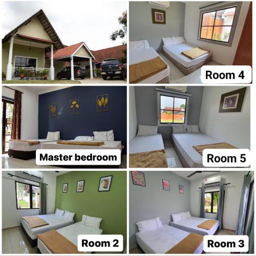 four different pictures of a room with a bed and a room istg at Poolhomestay Raudhah Intan in Kampong Alor Gajah