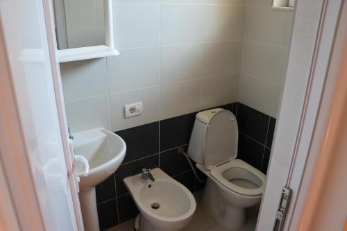 ein kleines Bad mit WC und Waschbecken in der Unterkunft Guesthouse Besimi in Valbonë