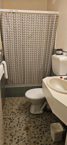 łazienka z toaletą i umywalką w obiekcie Billabong Motel w mieście Gunnedah