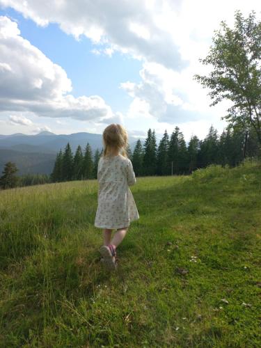 a little girl walking in a field of grass at На горі in Vorokhta