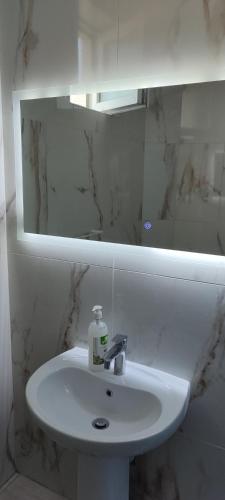a bathroom sink with a mirror and a soap bottle on it at Golem Apartment in Golem