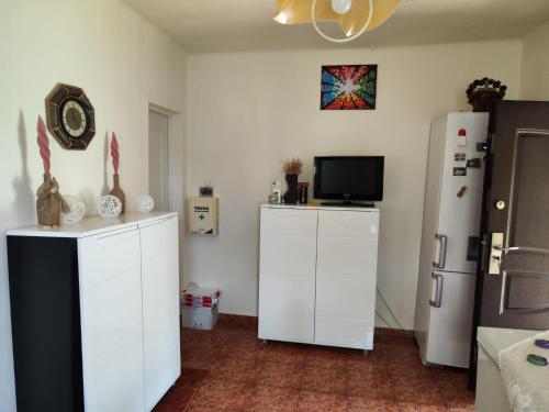 a kitchen with white cabinets and a tv and a refrigerator at La mama Marta in Sovata