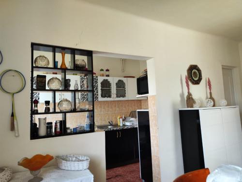 a kitchen with a black shelf on the wall at La mama Marta in Sovata