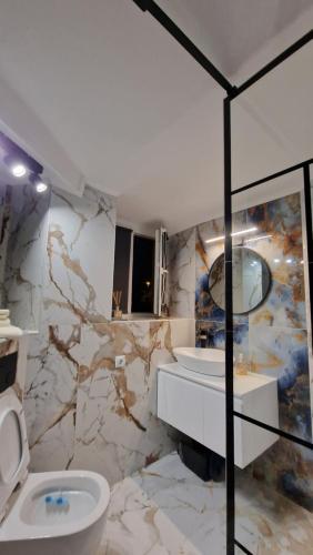 La salle de bains est pourvue de toilettes blanches et d'un lavabo. dans l'établissement Juno, à Sibiu