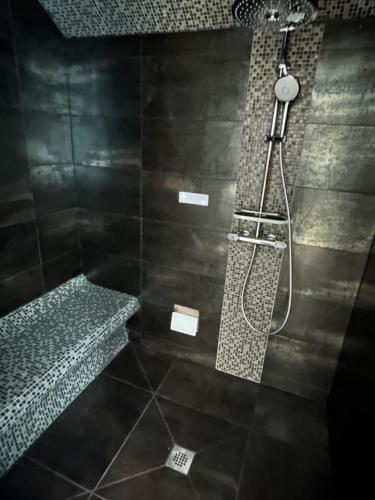 a bathroom with a shower with a bench in it at 12 pers, sur la dune, PMR, spa, hammam, salle de sport in Barbâtre