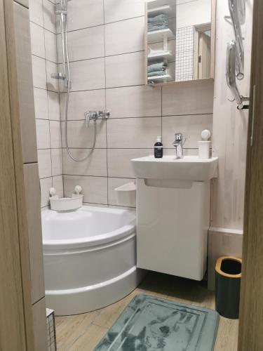 y baño con lavabo, aseo y ducha. en Nauji, jaukūs apartamentai, en Klaipėda