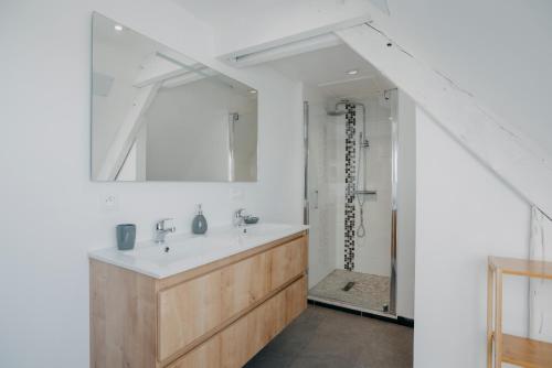 a bathroom with a sink and a mirror and a shower at Coeur de ville #H2- Central & Cosy - Logement partagé - Chambre privée in Cholet