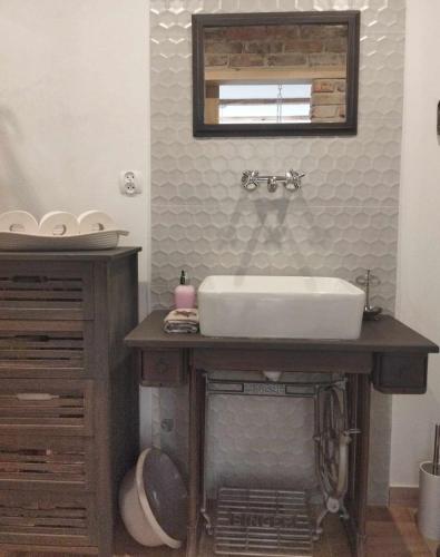 a bathroom with a sink and a mirror at Na początku in Budzów