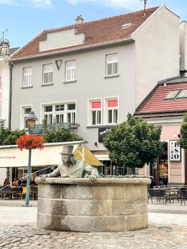 a statue of a man sitting in a fountain in a city at Apartman Vita Lite in Trenčín